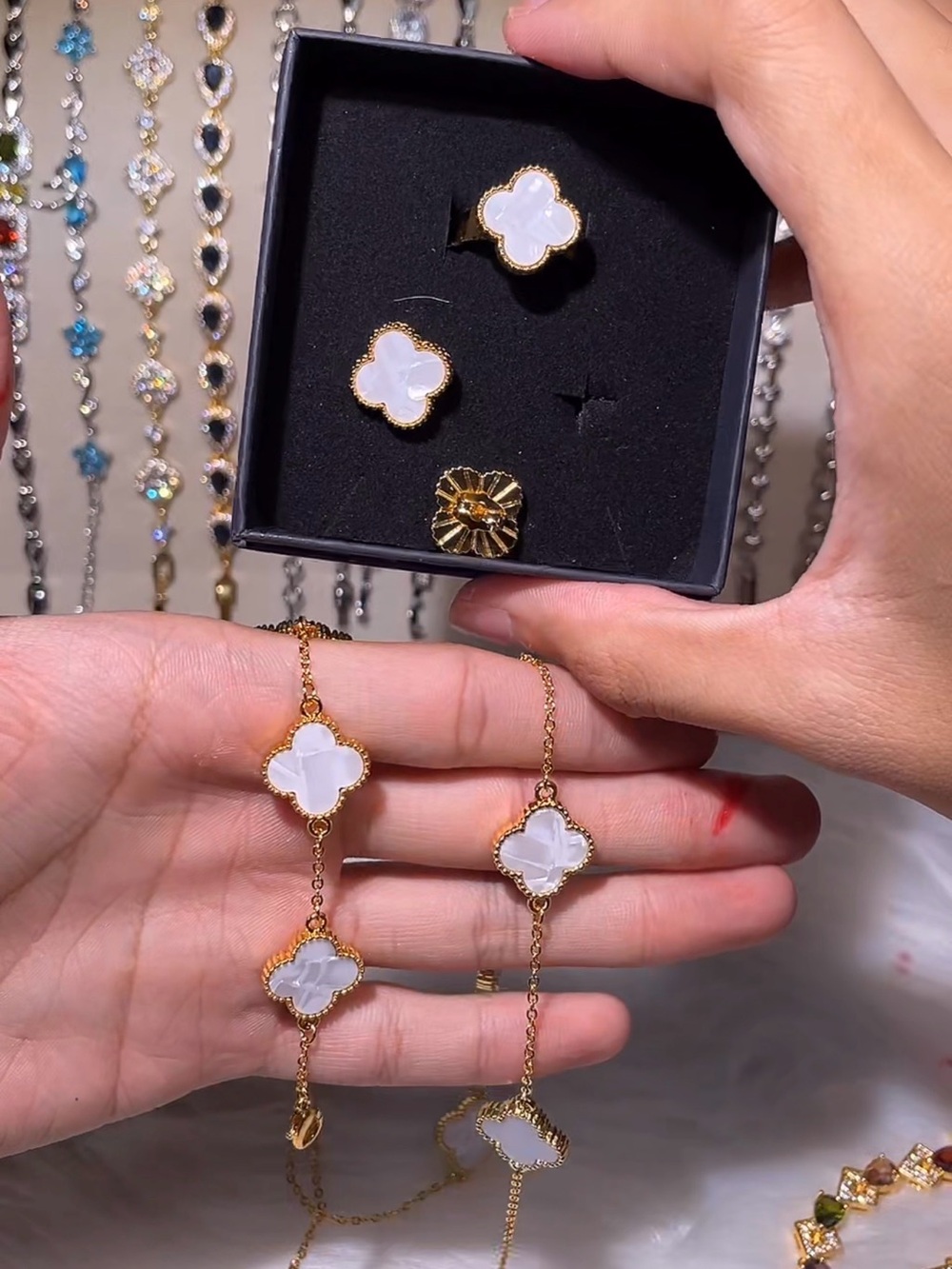 Gold Clover Pendant Necklace and Earring Set with White Inlay